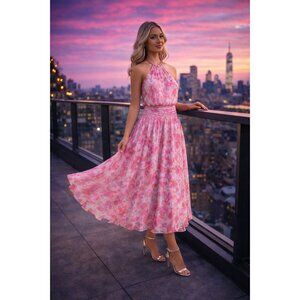 Ramy Brook Alexa Print Sleeveless Drop Waist Dress Rose Pink Combo Small New